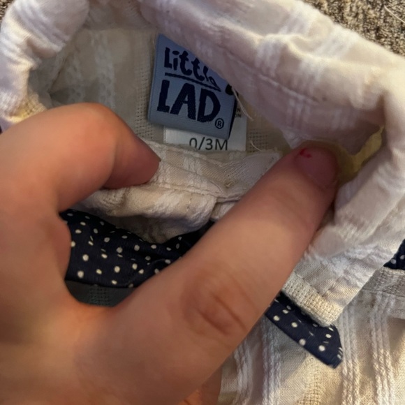 Little Lad Cream Striped Baby Romper with Blue Bow Tie 0-3 Months - Picture 2 of 2